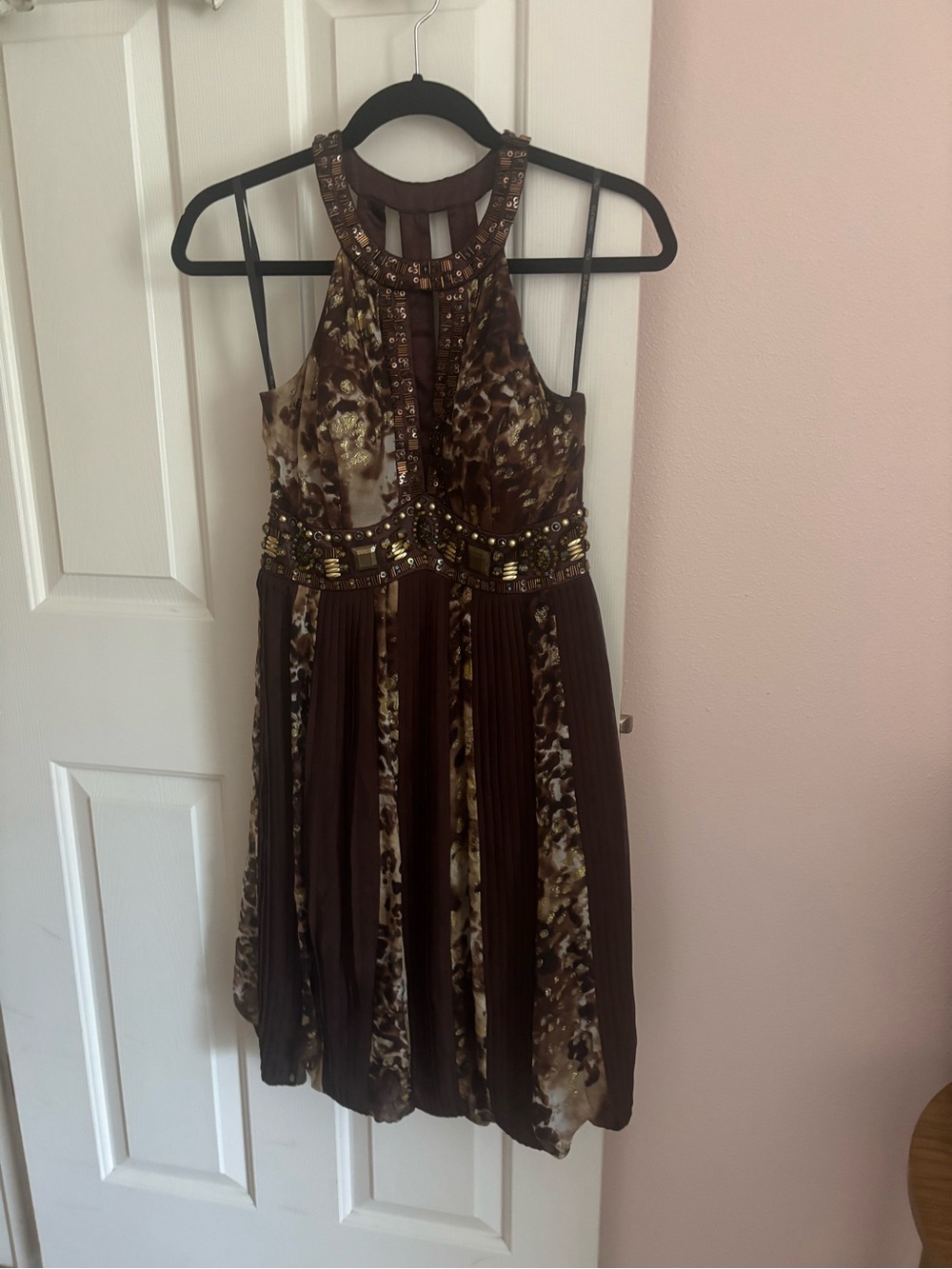 Sue Wong Brown/Gold Animal Print Halter Beaded Sequin Knee Dress Size 6
